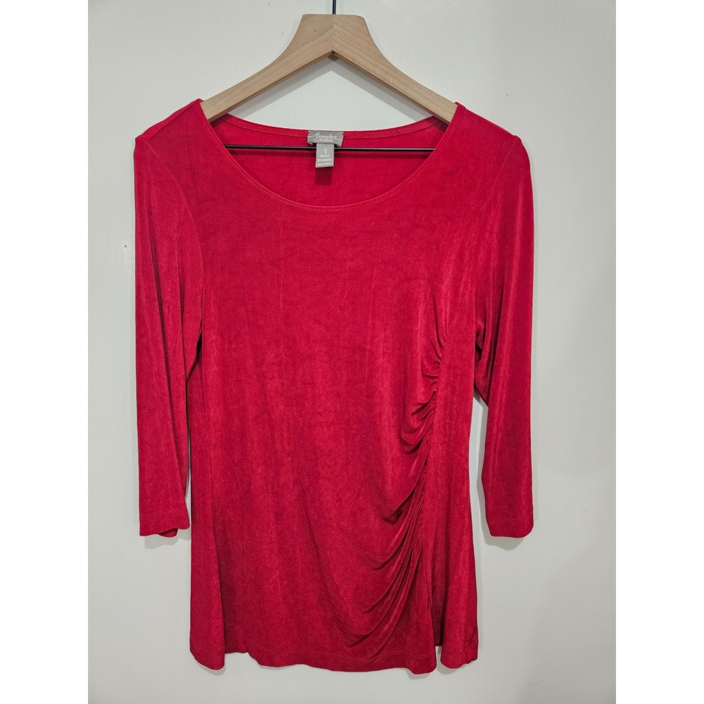 Chico's Travelers Top M Red Ruched Draped Slinky Knit 3/4 Sleeve Travel minimal